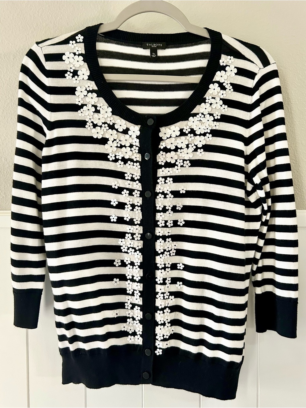 Talbots Flower Sequin Stripe Cardigan SP Black White Floral Appliqué 3/4 Sleeve